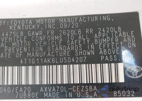 2020 Toyota Camry Se from USA, damaged, VIN 4T1G11AK6LU504207